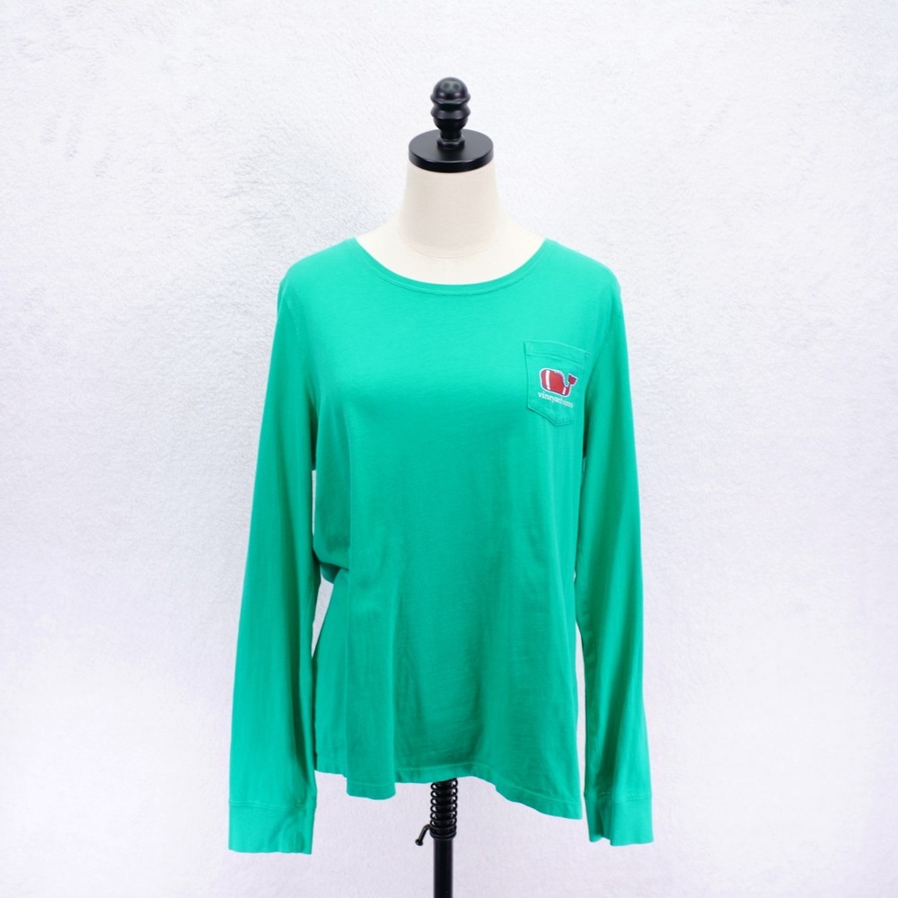 Vineyard Vines -XL- Green Football Whale Long Sleeve T-Shirt Pocket‎ Round Neck